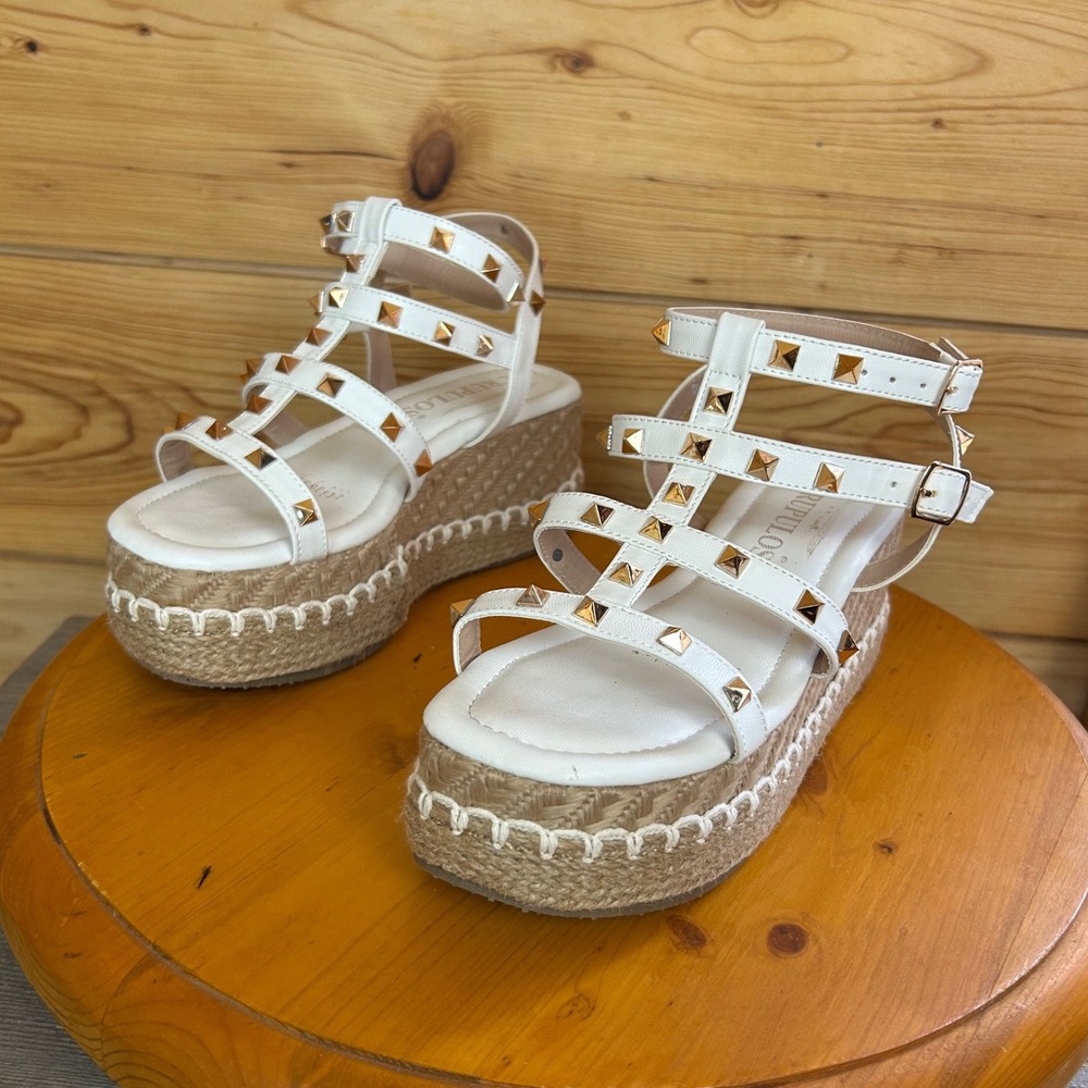 Scrupulos White Studded Gladiator Platform Espadrille Sandals Gold Pyramid Studs